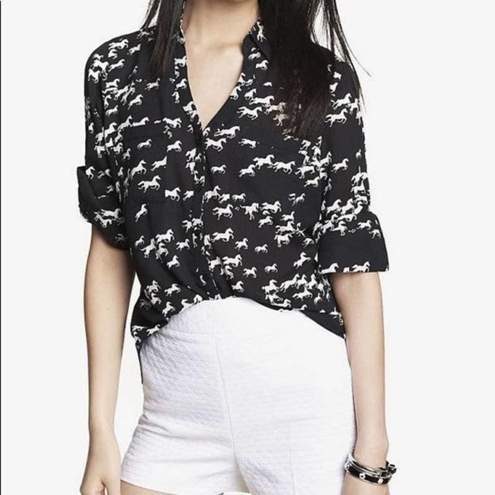 Express Black and White Horse Print Sheer Button Down Portofino Shirt Size L